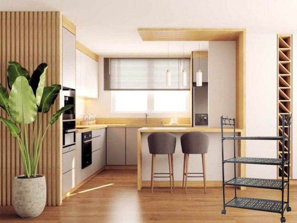 Förvaringshylla med hjul 4 hyllplan + 4 krokar 86x56x26,5 cm