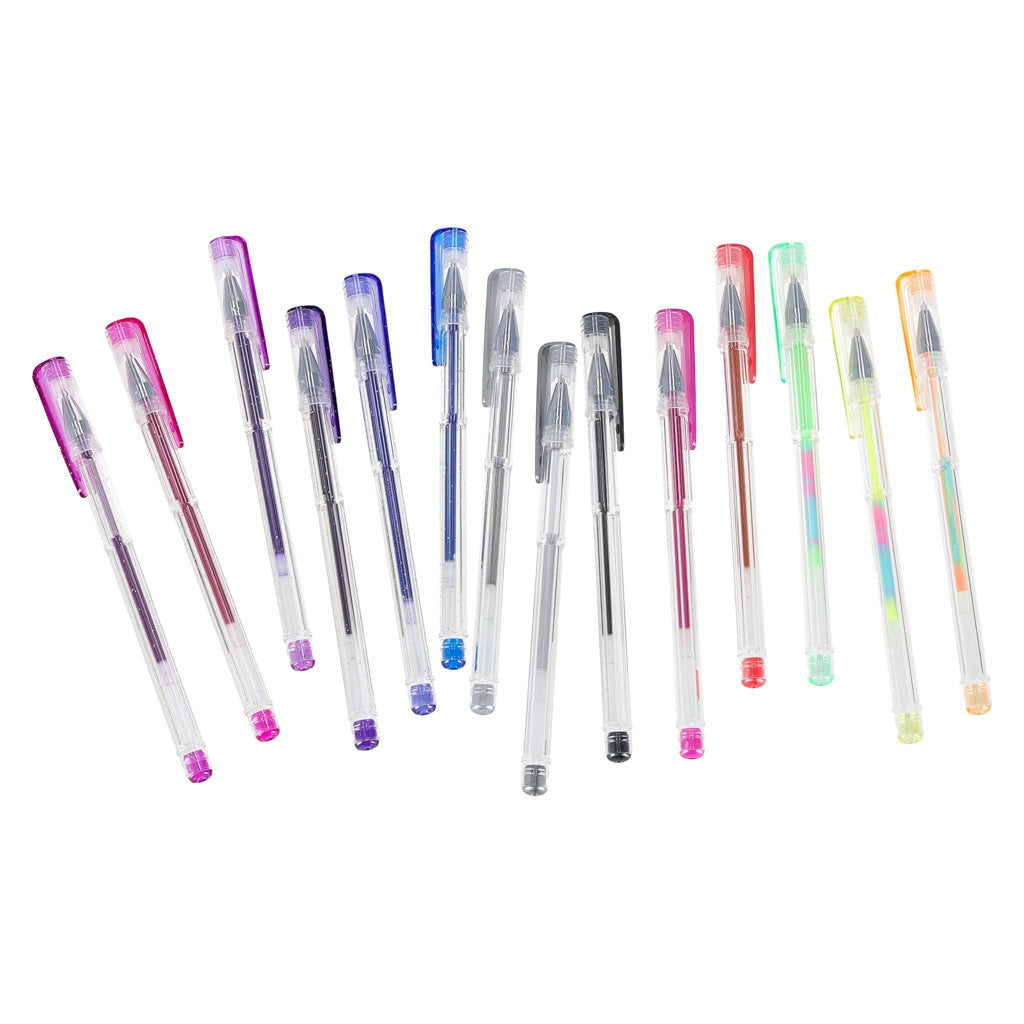 Gelpenna set 100 st + 100 refiller glitter/metallic/neon i fodral