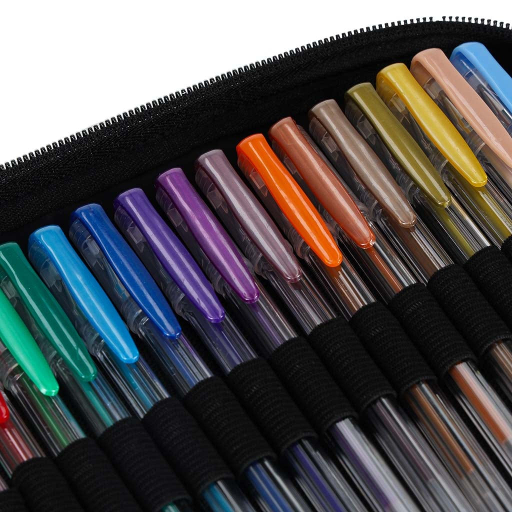 Gelpenna set 100 st + 100 refiller glitter/metallic/neon i fodral