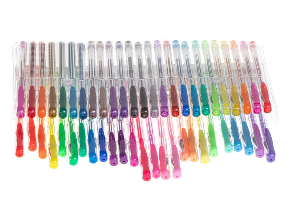 Gelpennor set 50-pack med glitter, metallic, pastell i plastlåda