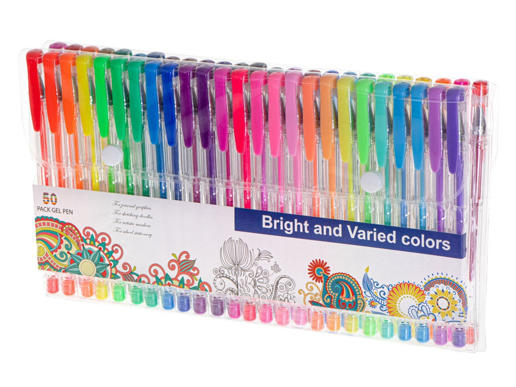 Gelpennor set 50-pack med glitter, metallic, pastell i plastlåda