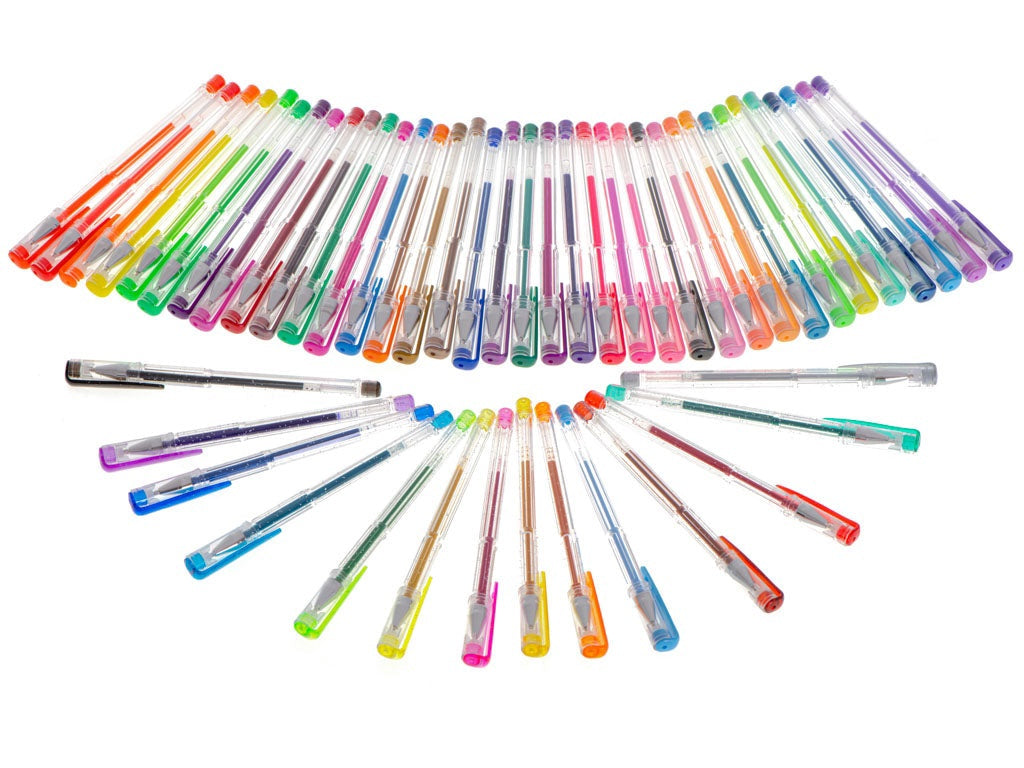 Gelpennor set 50-pack med glitter, metallic, pastell i plastlåda