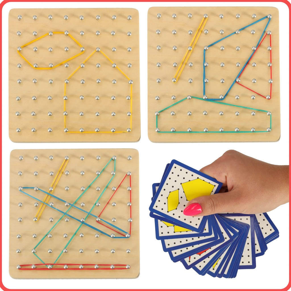 Geoboard träplatta med spikar, 40 gummiband & 24 mönsterkort
