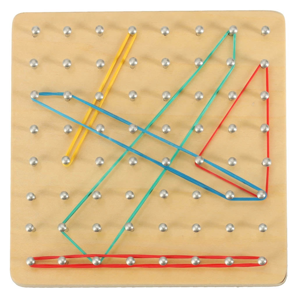 Geoboard träplatta med spikar, 40 gummiband & 24 mönsterkort