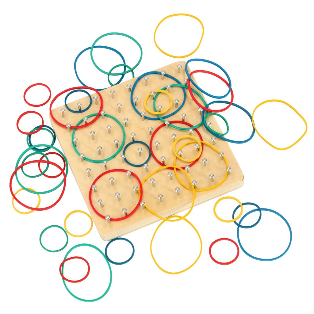 Geoboard träplatta med spikar, 40 gummiband & 24 mönsterkort