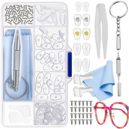 Glasögon reparationskit 126 delar med skruvar, näskuddar och mejsel