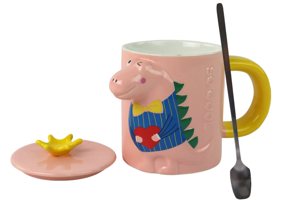 Glasmugg med teinfuser 400 ml rosa, dinosauriemotiv, lock och sked