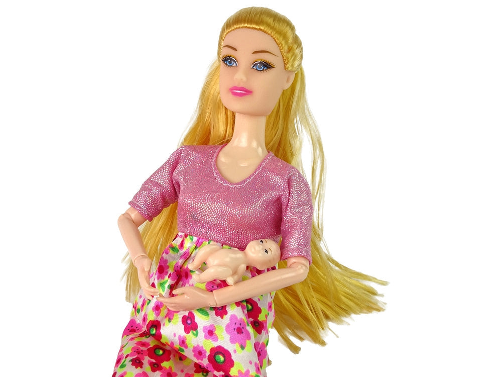Gravid docka 30 cm med bebis i magen, rörliga lemmar, rosa klänning