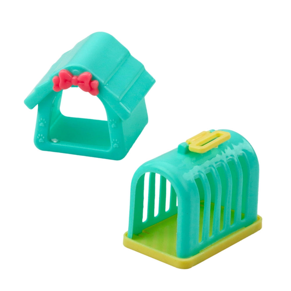 Gummihundfigurer set 6-pack med hundkoja och transportbur, ca 8 cm