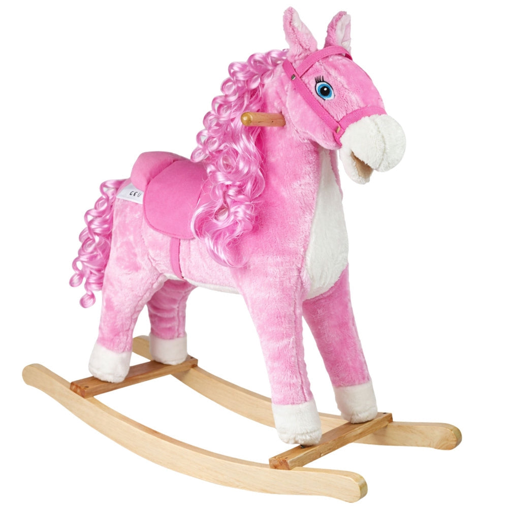 Gungande häst i plysch rosa med ljud och rörlig mun/svans 74 cm
