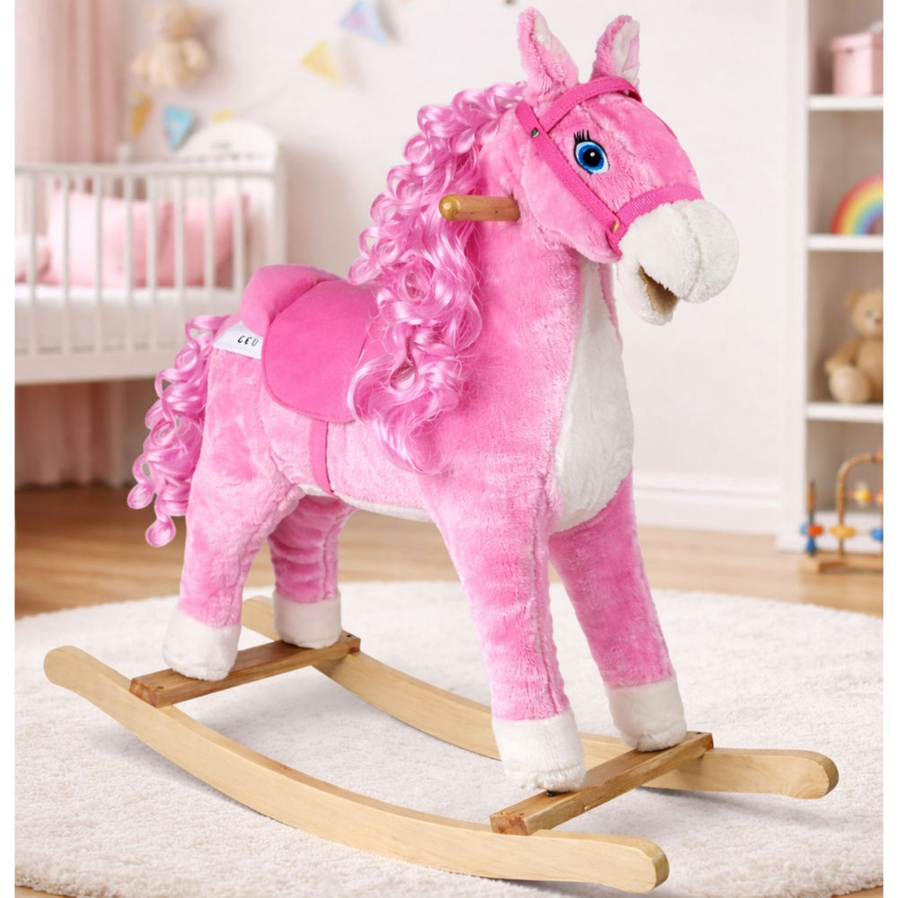 Gungande häst i plysch rosa med ljud och rörlig mun/svans 74 cm