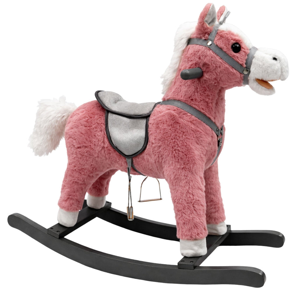 Gungande häst med ljud 74 cm plysch rosa med sadel och handtag