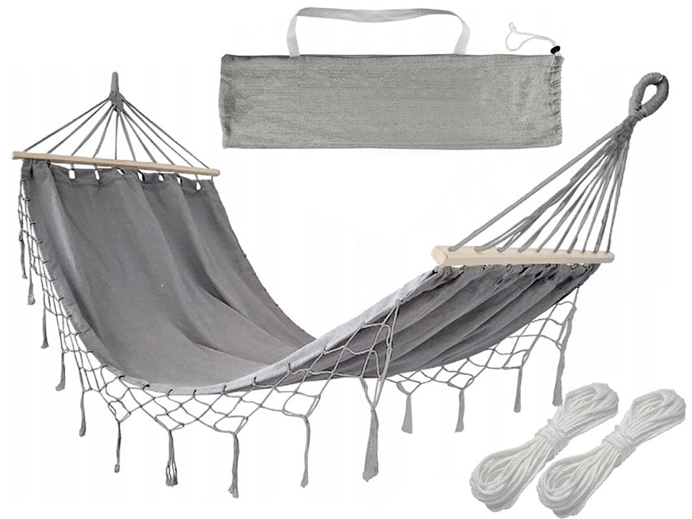Hängmatta grå 200x100 cm med cover 2 fästrep och bärväska