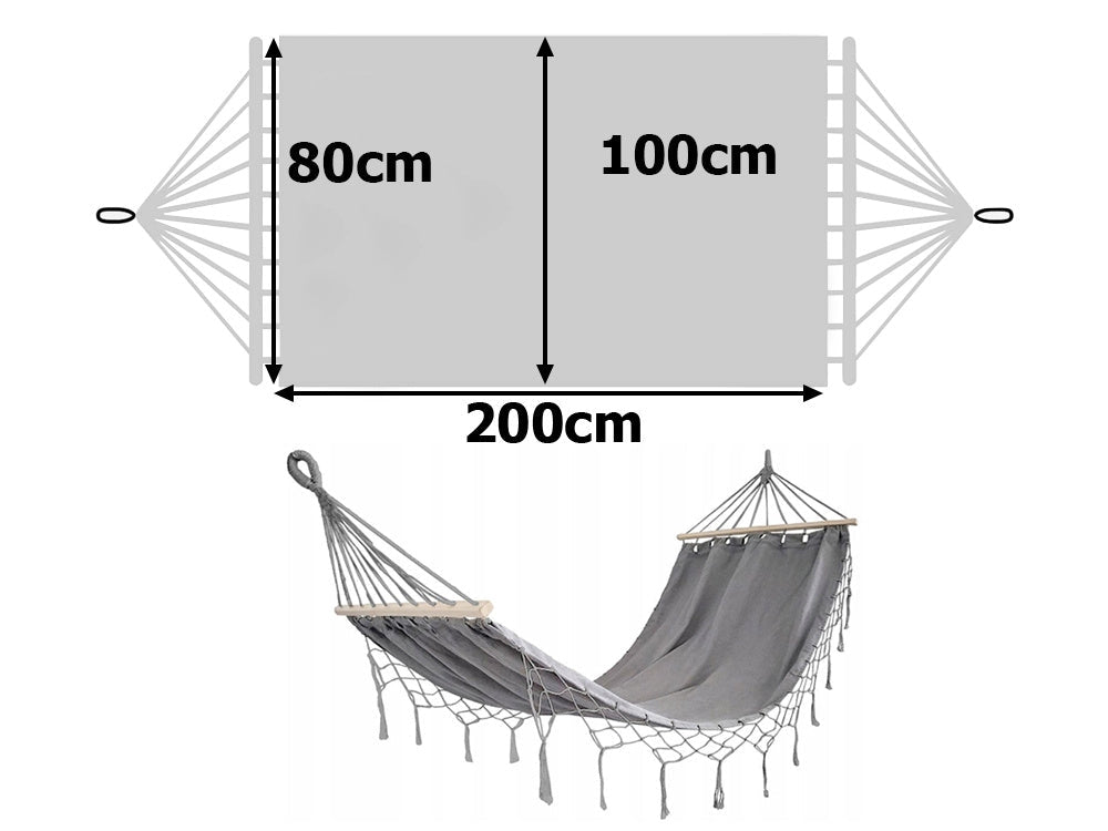 Hängmatta grå 200x100 cm med cover 2 fästrep och bärväska
