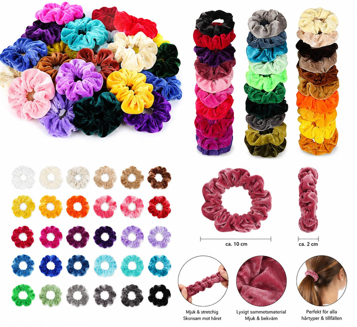 Hårsnoddar scrunchies i sammet 36-pack elastiska, slumpmässiga färger