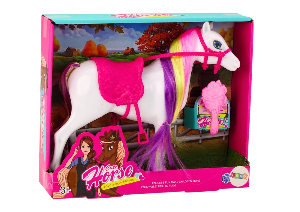 Hästfigur leksak 24 cm med borste, rosa sadel och träns 3+ år