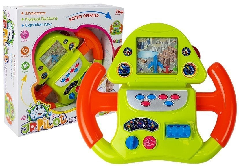 Interaktiv flygsimulator leksak med ratt för barn, grön/orange