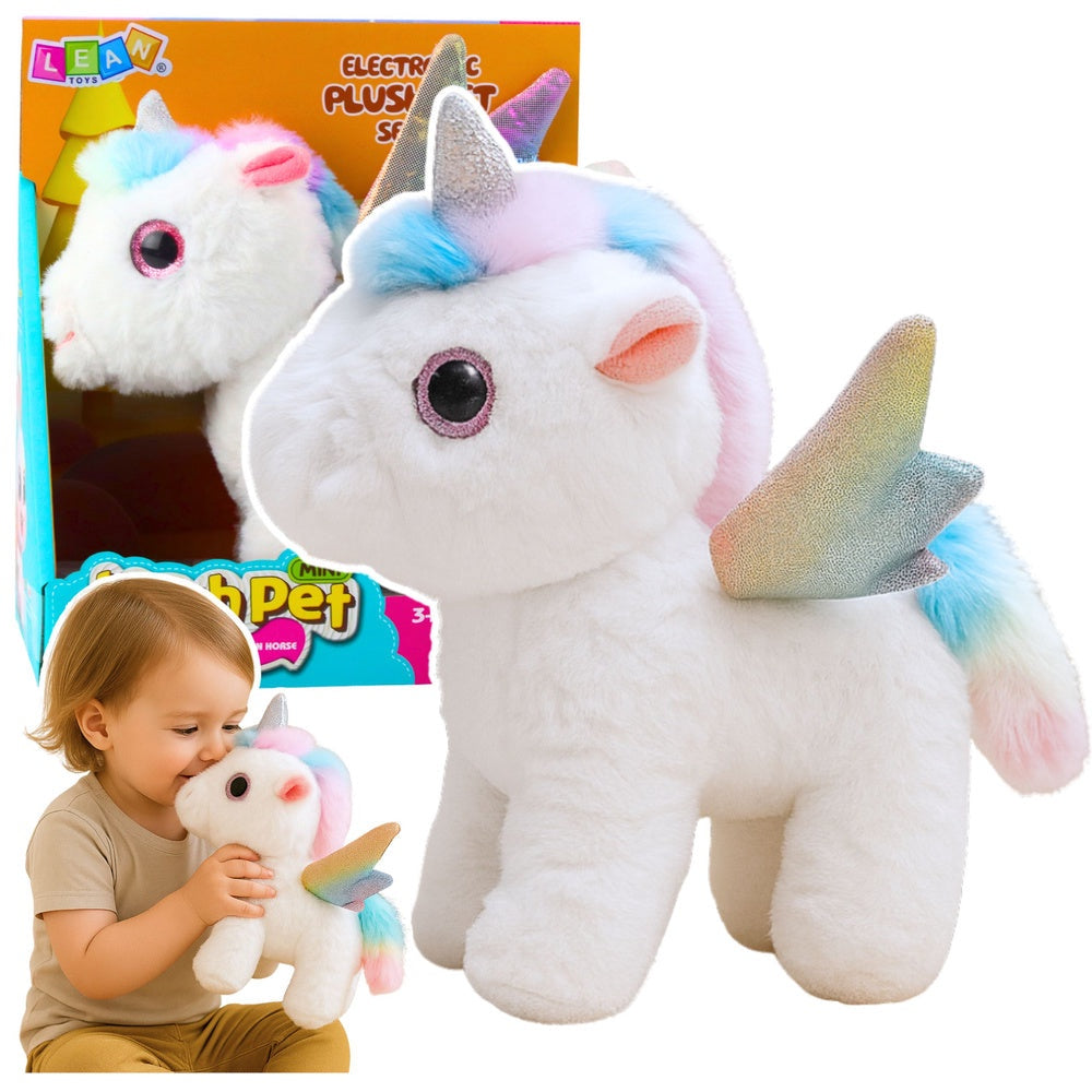 Interaktivt plyschunicorn med ljud och rörelse, bevingad, ca 21 cm