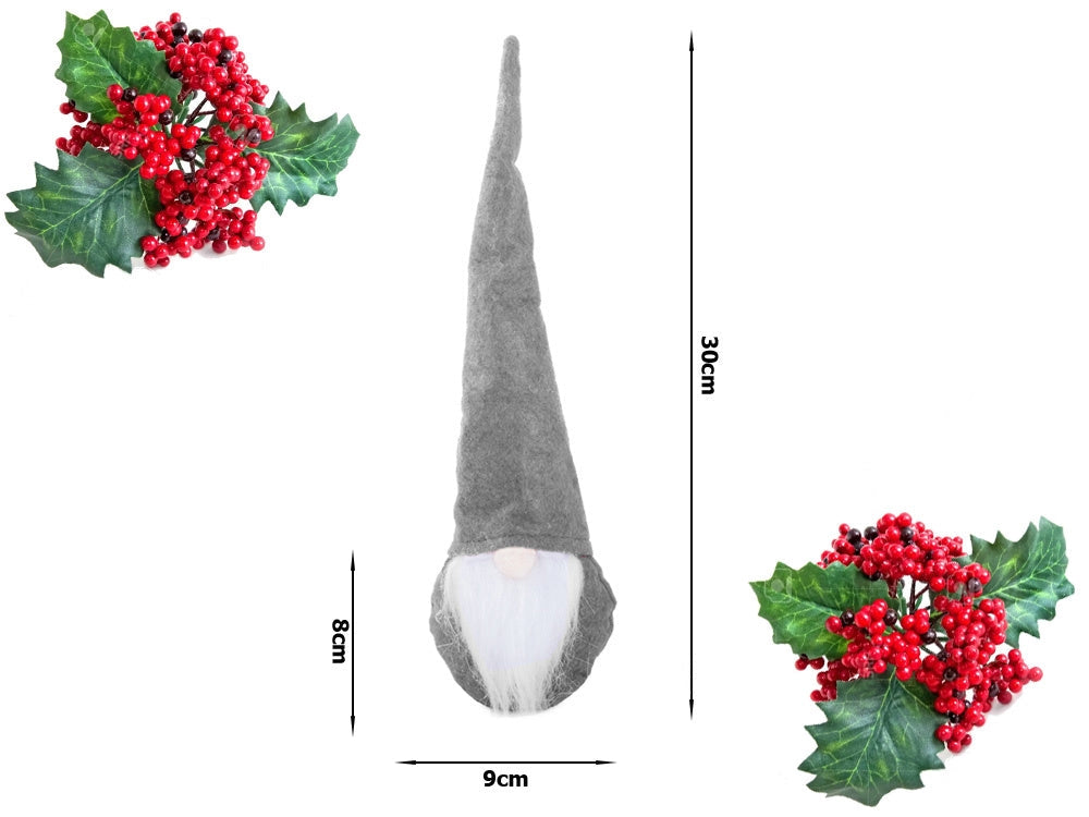 Juldekoration jultomte grå 30 cm filt/plast med böjbar luva