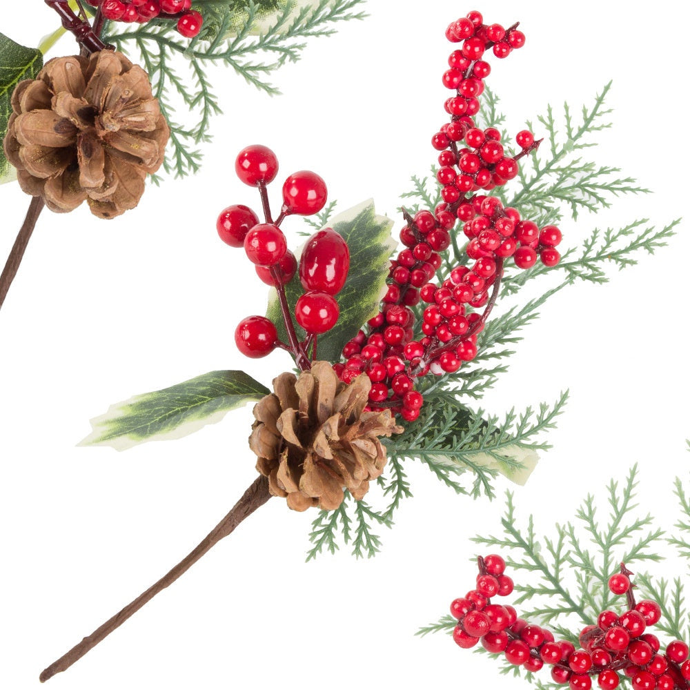 Juldekoration kvist med rönnbär och kotte, plast, höjd 28 cm