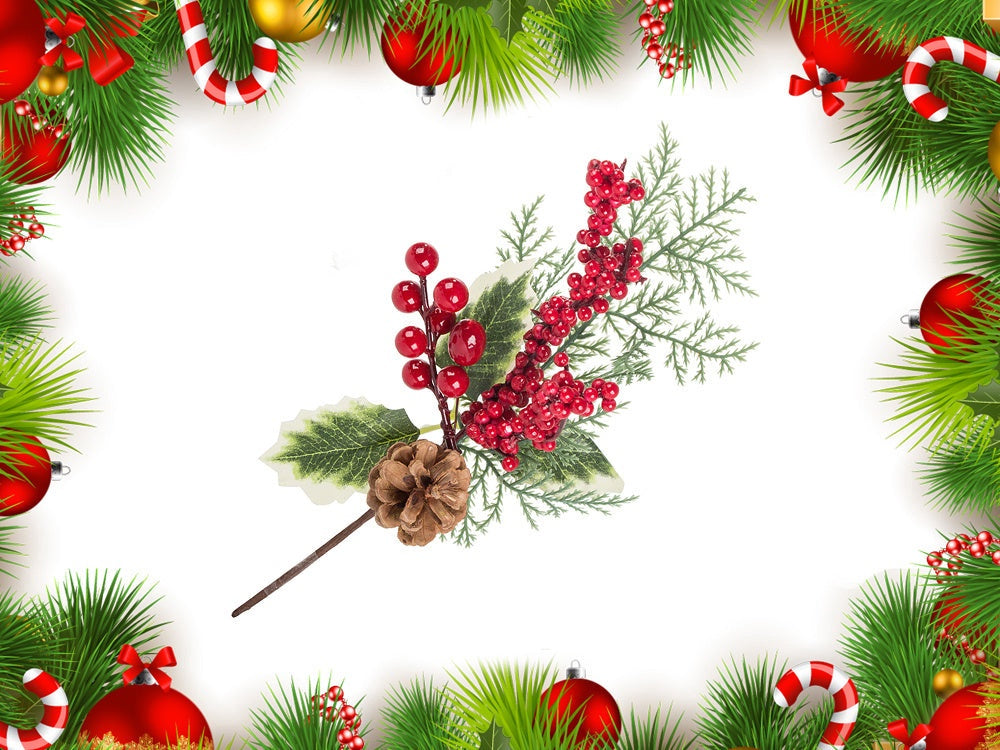Juldekoration kvist med rönnbär och kotte, plast, höjd 28 cm