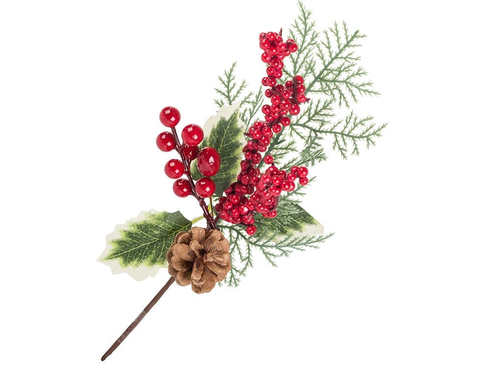 Juldekoration kvist med rönnbär och kotte, plast, höjd 28 cm