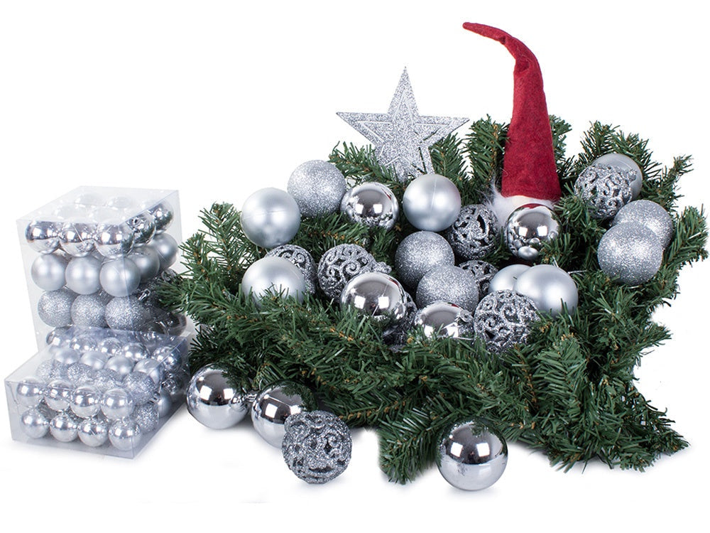 Julgranskulor plast silver 100-pack med Bethlehemstjärna 30-60 mm