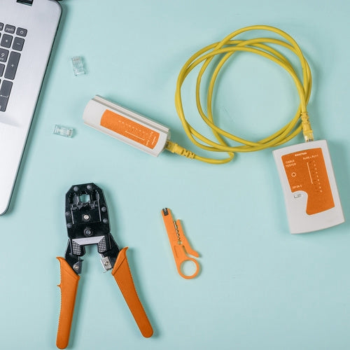 Kabeltestare kit RJ45/RJ11 med crimptång, stripper och 10 RJ45-kontakter
