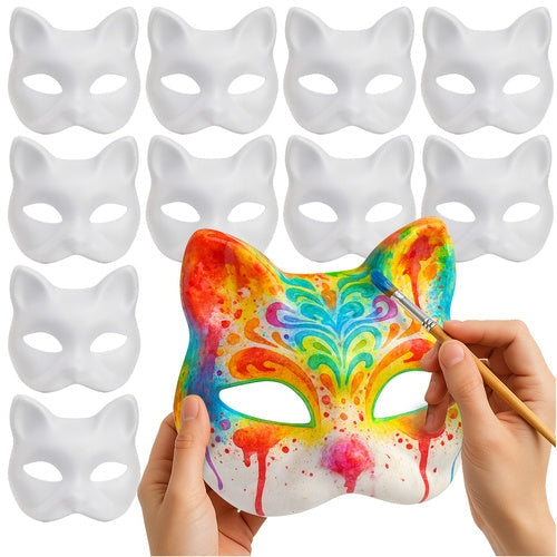 Kattmasker DIY vita i pappersmassa 10-pack med gummiband 17x18 cm