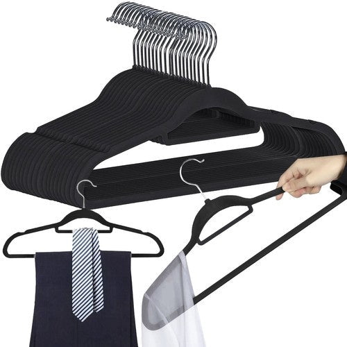 Klädhängare velour svart 20-pack med 360° svängbar krok