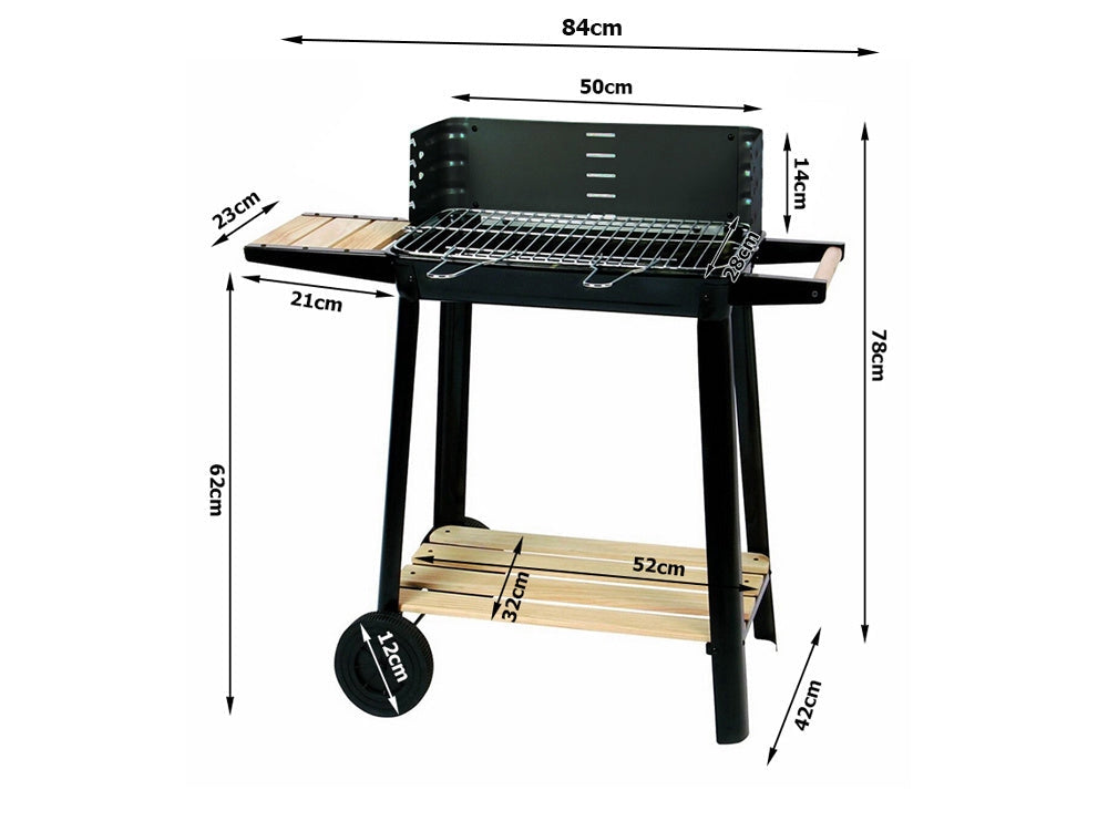 Kolgrill med justerbart grillgaller 5 nivåer hyllor och hjul 84x78x42