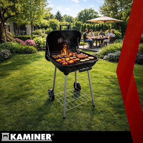 Kolgrill med lock 77x53x46 cm svart med hjul och hylla