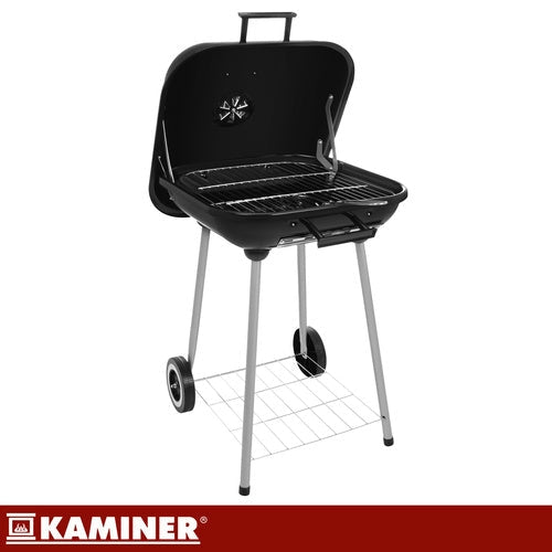 Kolgrill med lock 77x53x46 cm svart med hjul och hylla