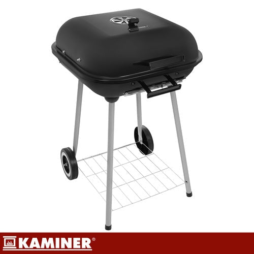 Kolgrill med lock 77x53x46 cm svart med hjul och hylla