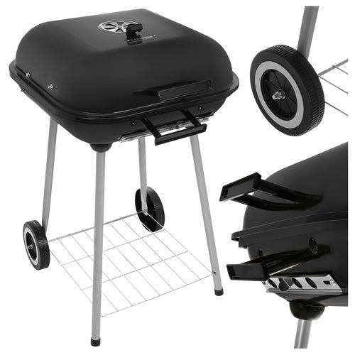 Kolgrill med lock 77x53x46 cm svart med hjul och hylla