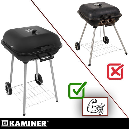 Kolgrill med lock 77x53x46 cm svart med hjul och hylla