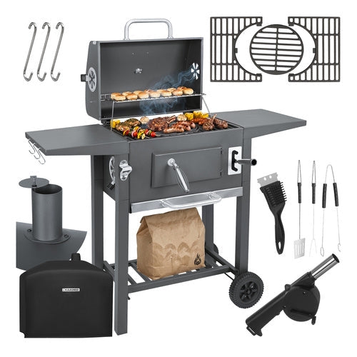 Kolgrill med lock och termometer, gjutjärnsgaller, överdrag, svart