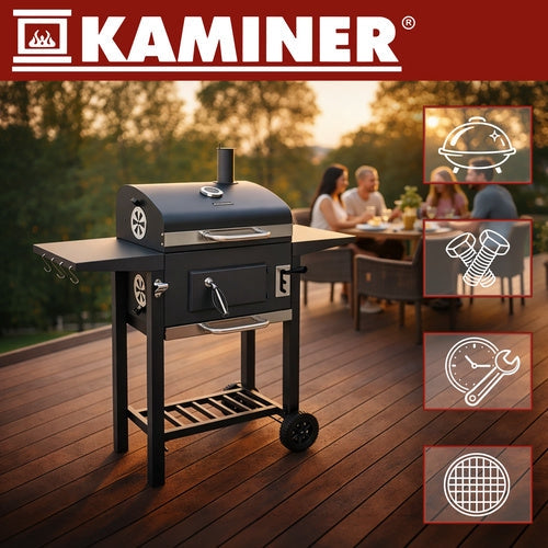 Kolgrill med lock och termometer, gjutjärnsgaller, överdrag, svart