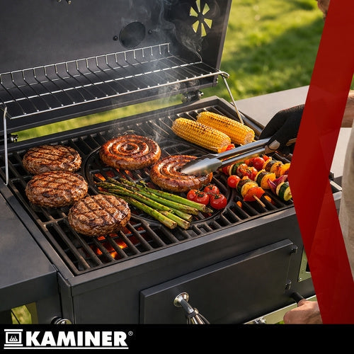 Kolgrill med lock och termometer, gjutjärnsgaller, överdrag, svart