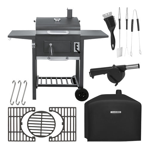 Kolgrill med lock och termometer, gjutjärnsgaller, överdrag, svart