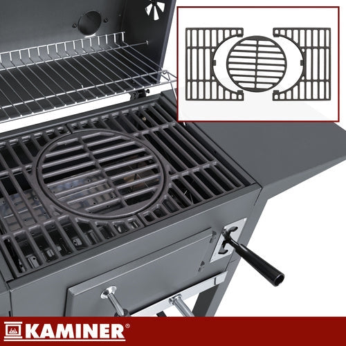 Kolgrill med lock och termometer, gjutjärnsgaller, överdrag, svart
