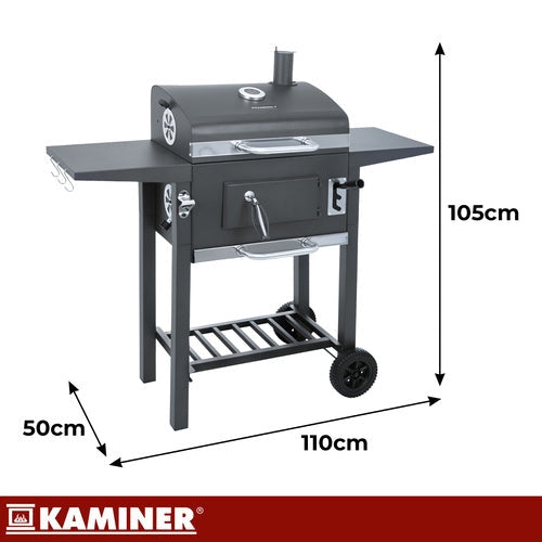 Kolgrill med lock och termometer, gjutjärnsgaller, överdrag, svart