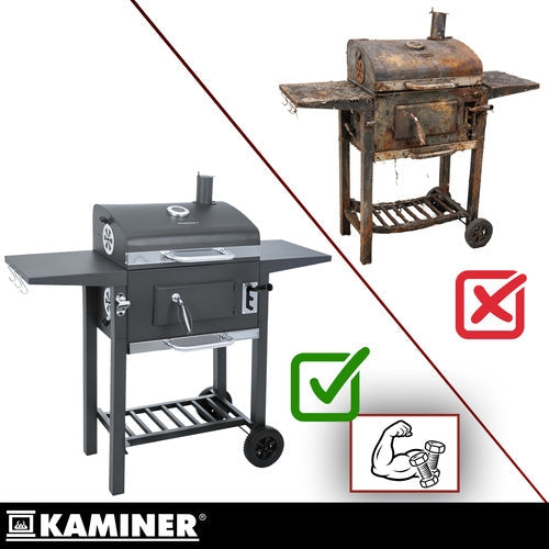 Kolgrill med lock och termometer, gjutjärnsgaller, överdrag, svart
