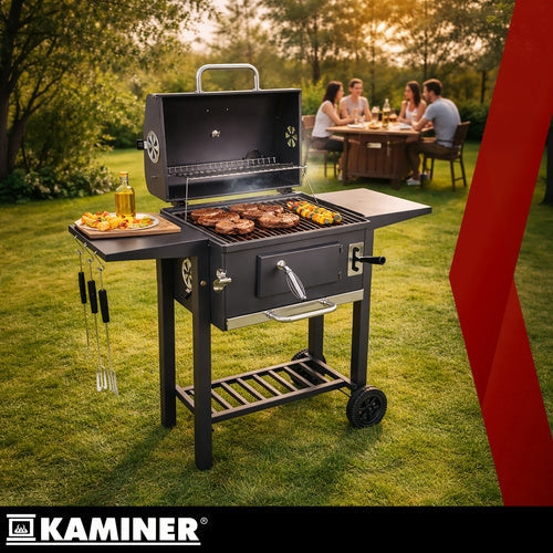 Kolgrill med lock och termometer, gjutjärnsgaller, överdrag, svart