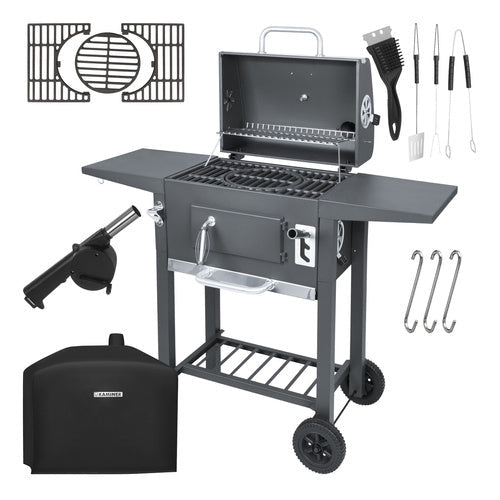 Kolgrill med lock och termometer, gjutjärnsgaller, överdrag, svart