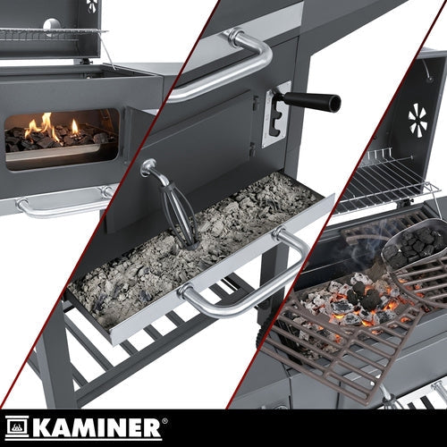 Kolgrill med lock och termometer, gjutjärnsgaller, överdrag, svart