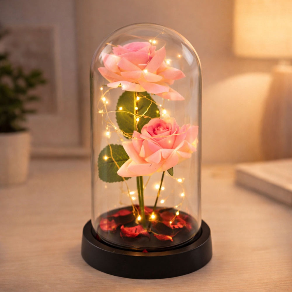 Konstgjorda rosor i glaskupol med LED 20 varmvita, 11x21 cm