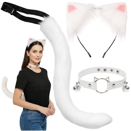 Kostymset med kattöron, svans och choker med klockor vit 3-delar
