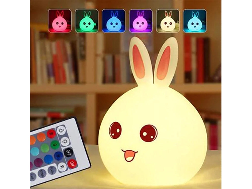 LED nattlampa kanin i silikon med fjärrkontroll USB vit
