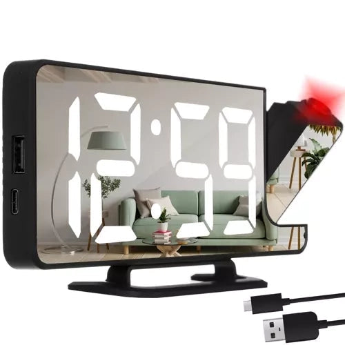 LED väckarklocka med projektor & spegel, USB-C/batteri, svart